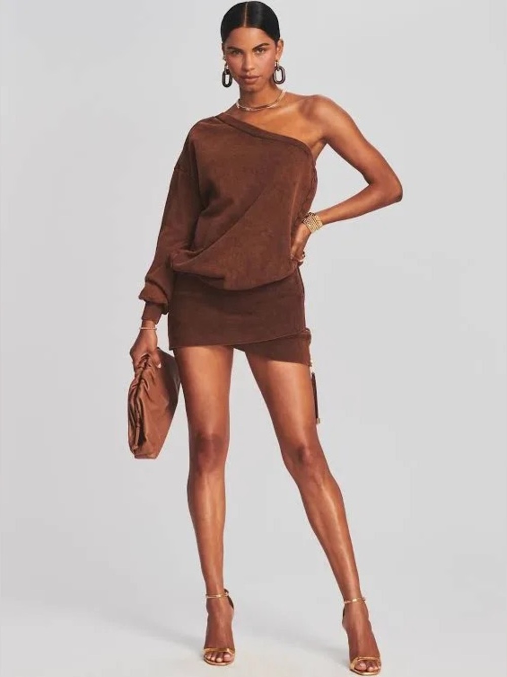 Retrofete One-Shoulder Helena Cognac Mini Sweatshirt Dress - M